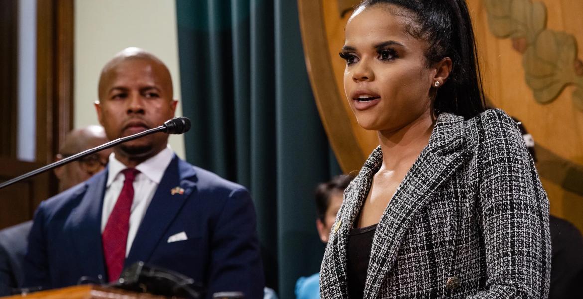 Ellie Fisher, vice president of the Texas NAACP Youth &amp; College Division, speaks during a news conference at the state Capitol in Austin on April 4, 2023.