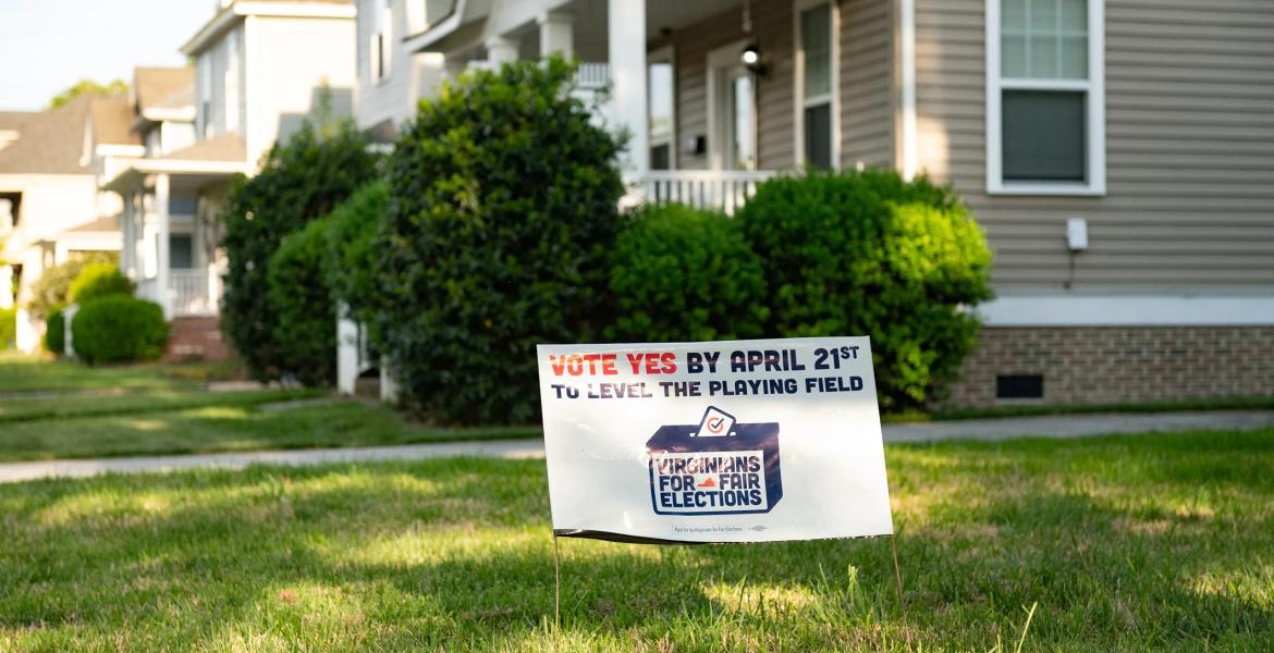 A sign promoting Virginia's redistricting referendum vote in a Norfolk, Virginia neighborhood on April 15, 2026.
