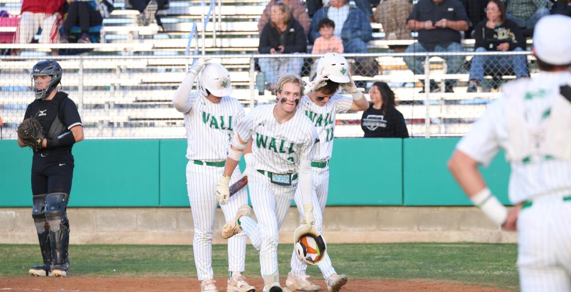 Kellan Oliver (center) went 4-for-4 with two home runs to lead the No. 5-ranked Wall baseball team to a win over Clyde on Tuesday.