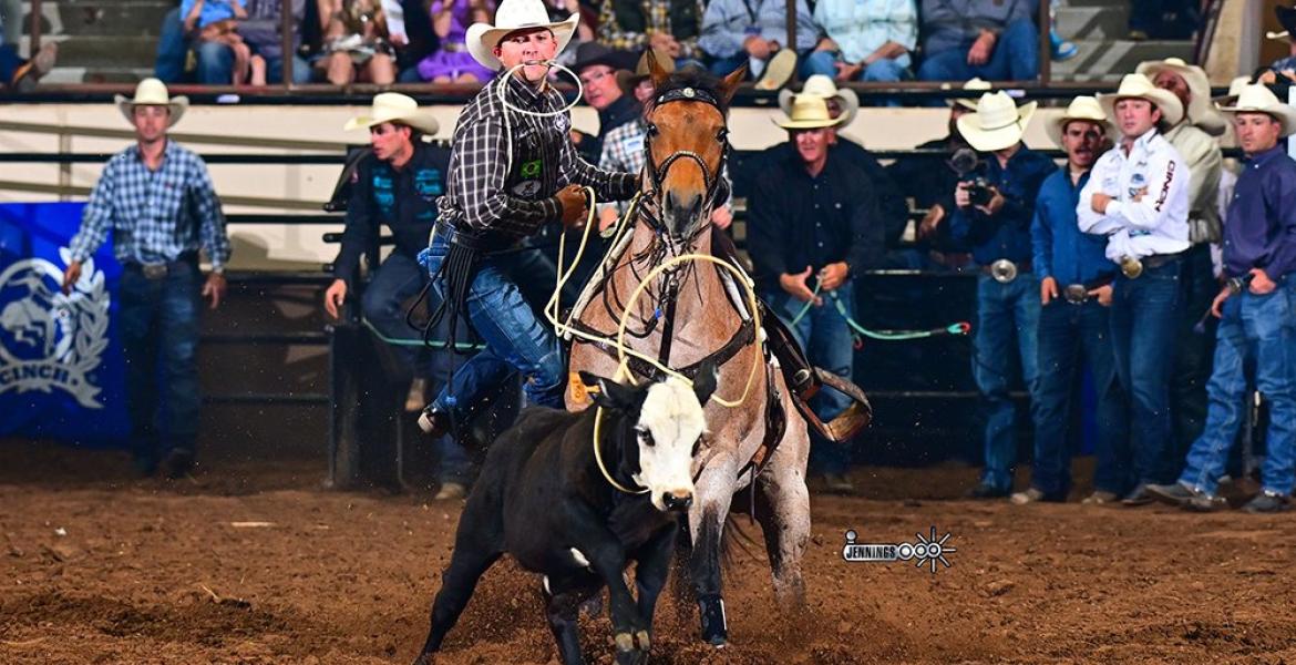 Angelo State's Sam Lewis won the tie-down roping title in the finals of the San Angelo Rodeo on Friday, April 17, 2026.
