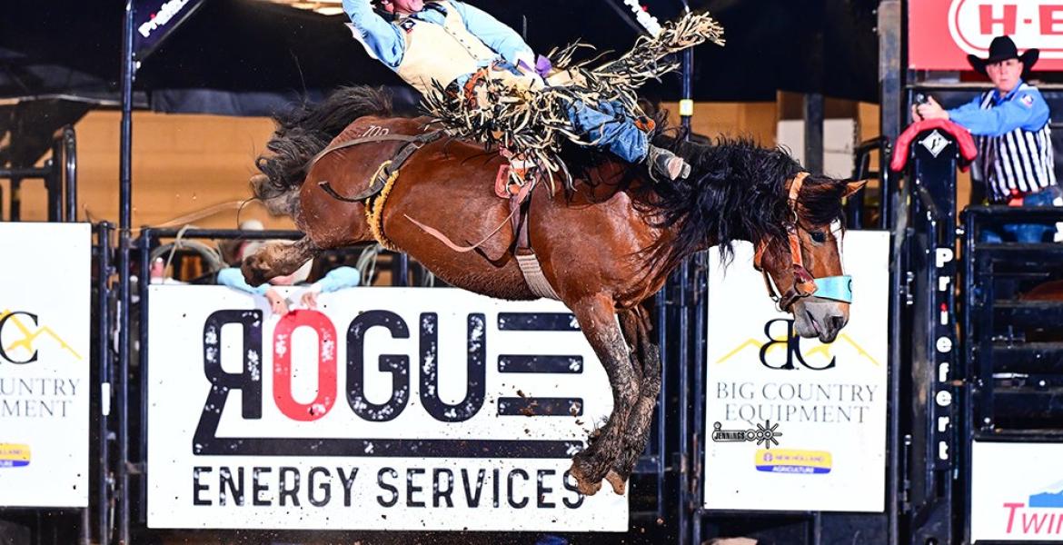 Australia's Toby Deudney had an electrifying ride to score 93 points and win the bareback title Saturday at the San Angelo Rodeo's Cinch Chute-Out.