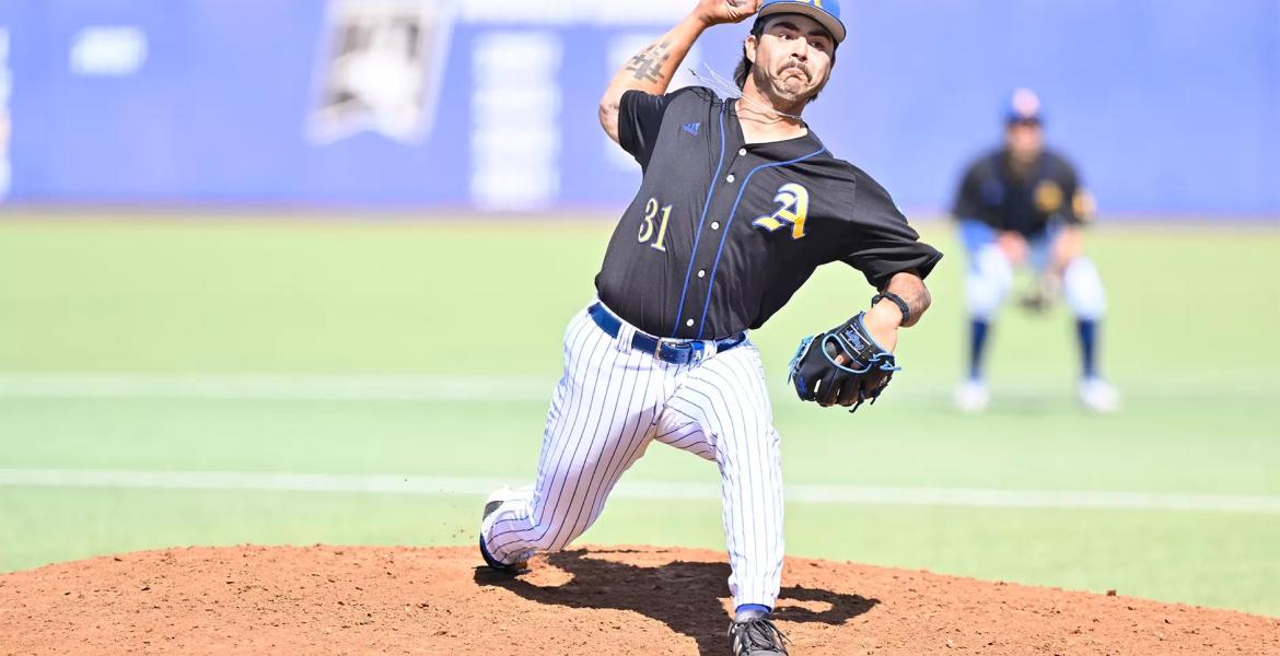 Angelo State's Garrett Baumann fires a pitch during the 2026 baseball season.