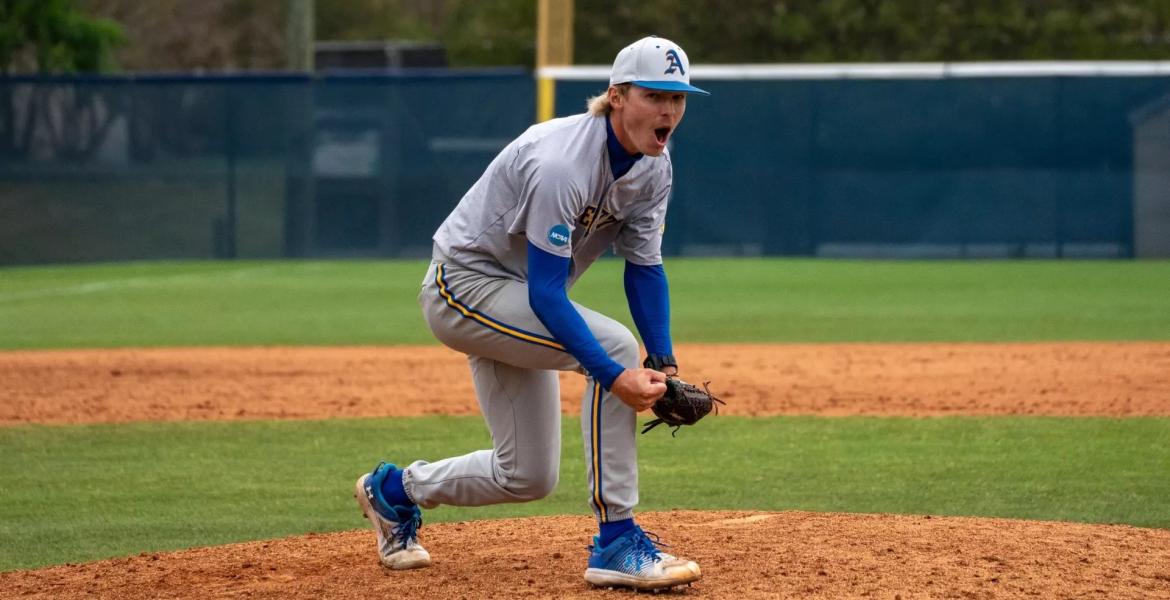 Angelo State pitcher Luke Spencer celebrates during the Rams' 3-2 win over St. Edward's on Sunday, April 5, 2026.