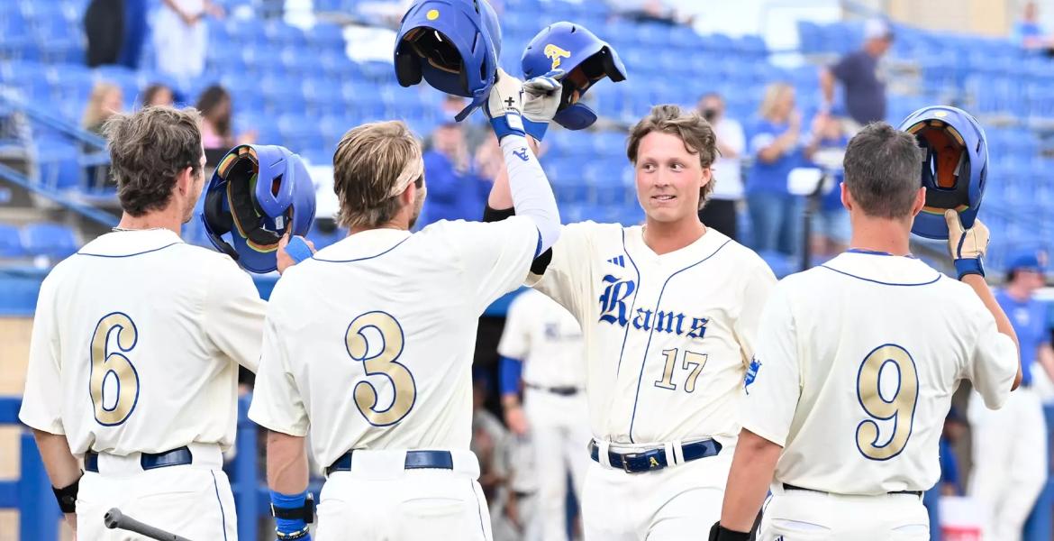 The Angelo State baseball team celebrates during the 2026 season.
