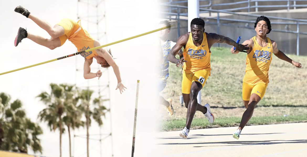 Angelo State Pole Vaulter Jonathan Wright and members of the 4x100 Meter Relay William Opare and Francis Patanpatan