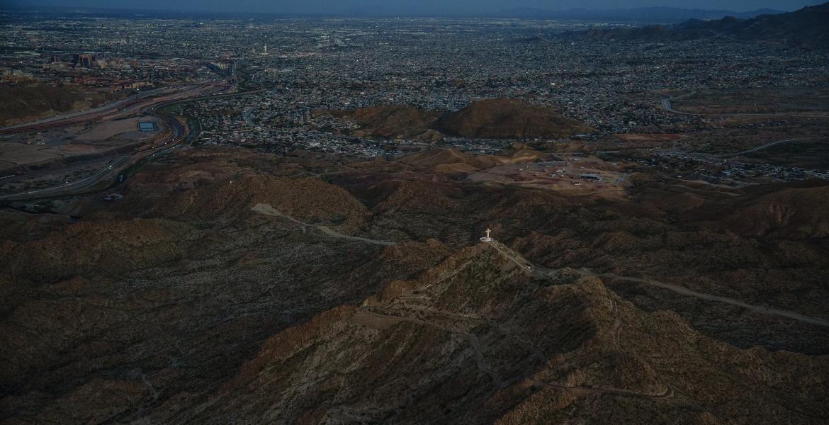 An aerial view of Mount Cristo Rey on the U.S.-Mexico border, with Ciudad Juárez and El Paso in the distance, in Sunland Park, New Mexico on Sept. 7, 2025.