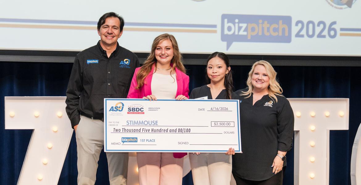 2026 BizPitch winner Audrey Spearman (in pink) with ASU and SBDC representatives