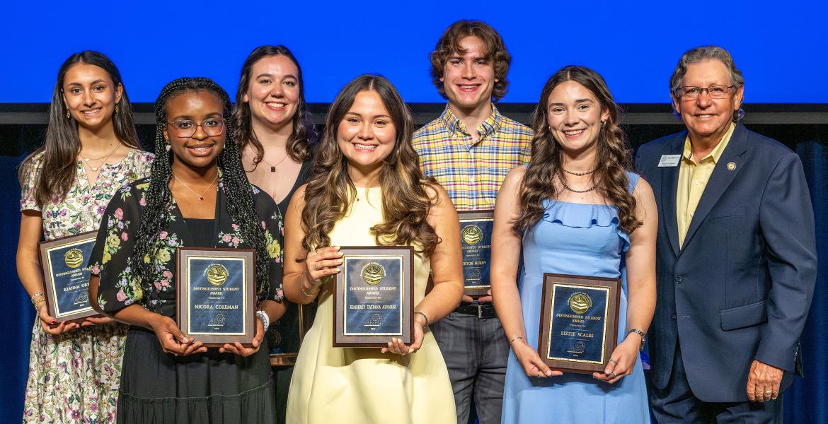 (Back, L-R) Kianna Ortiz, Isabel Gilbert, Ashton Murry; (Front, L-R) Nicora Coleman, Kimberly Tatiana Alvarez, Lizzie Scales, ASU Provost Don Topliff