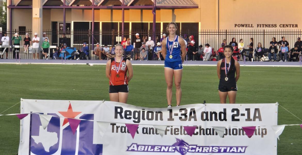 Veribest's Chloe Becker (center) won gold medals in the 100- and 200-meter dashes Saturday at the Region II-1A Track and Field Meet in Abilene.