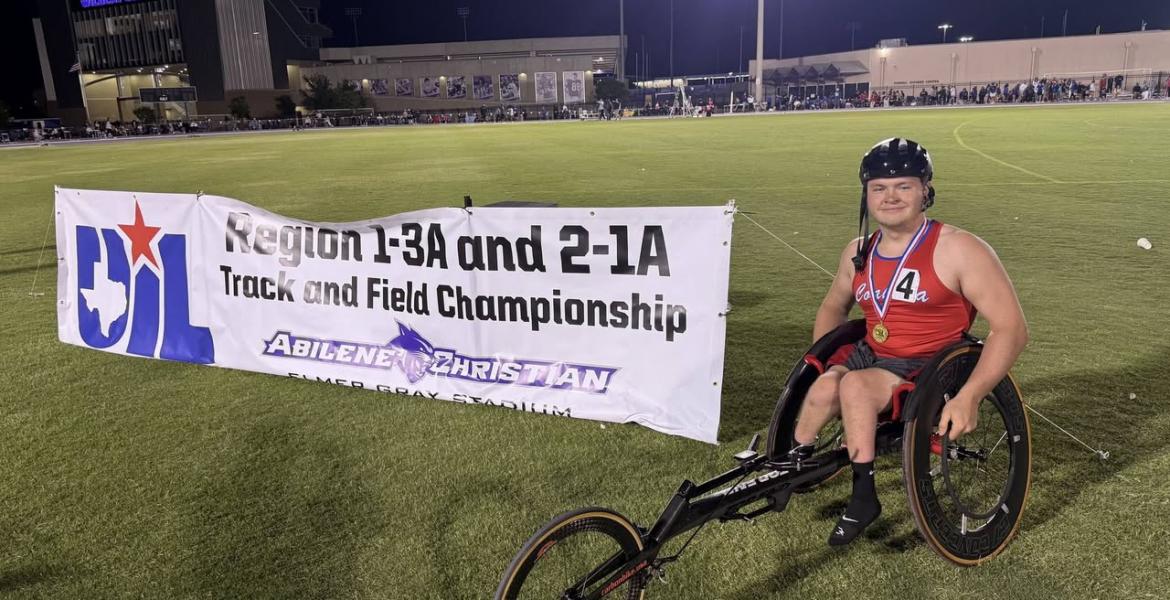 Coahoma sophomore Kohen Grantom set the national record in the 400-meter wheelchair race Saturday at the Class 3A Region I track and field meet at Abilene Christian University’s Elmer Gray Stadium.