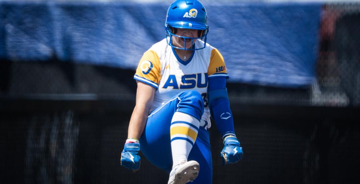 The Angelo State softball team celebrates during the 2026 Lone Star Conference Tournament.