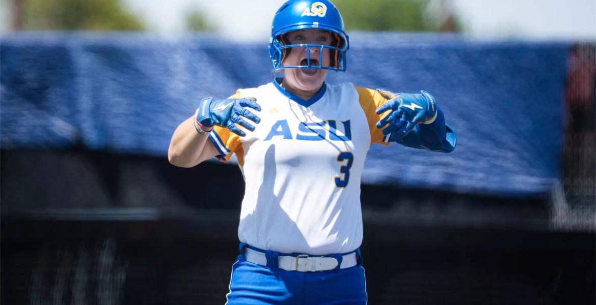 Angelo State's Abby Brand celebrates during the 2026 softball season.