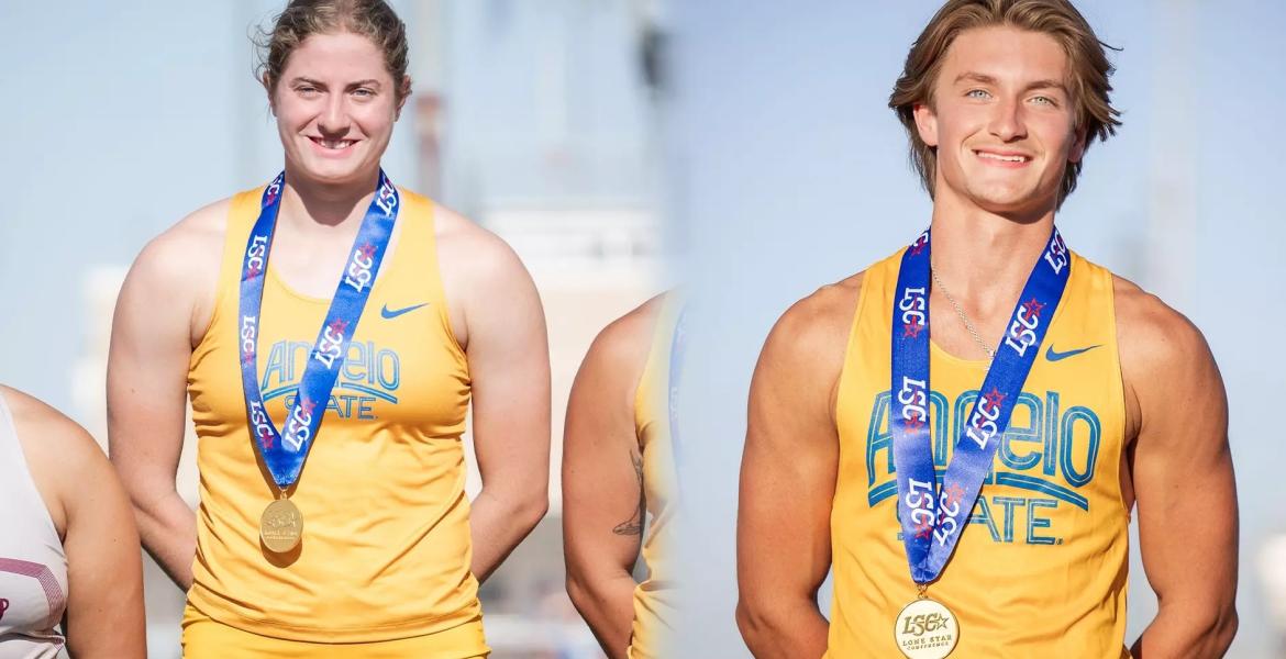 Marie Schuler (left) won the women’s hammer throw at the Lone Star Conference Track and Field Meet, while Jonathan Wright won the men’s pole vault.