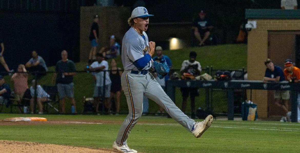 Angelo State's Isaac Godard celebrates after recording an out against UT Tyler at the regional tournament Friday, May 15, 2026.