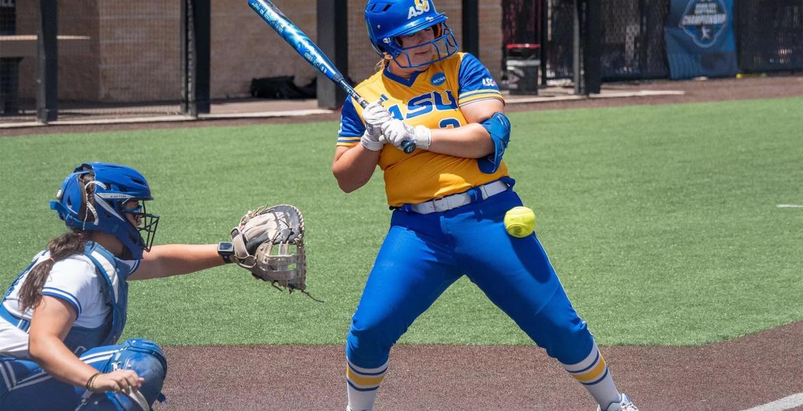 Angelo State's Ashleigh Dendas bats against Texas A&amp;M-Kingsville during the 2026 South Central Regional Softball Tournament.