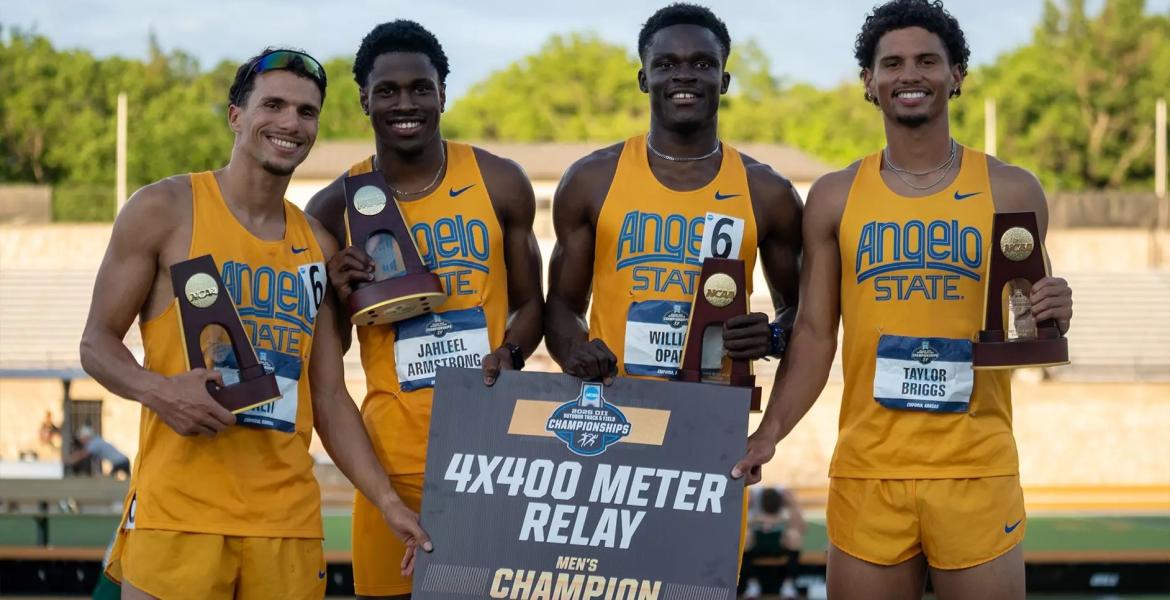 Angelo State's 4x400-meter relay team of William Opare, Rami Balta, Taylor Briggs and Jahleel Armstrong won the national title Saturday, May 23, 2026.