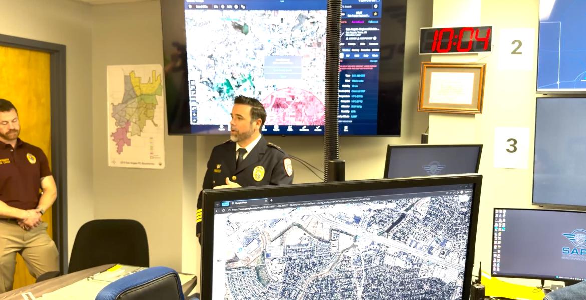 San Angelo Police Chief Travis Griffith gives a tour of the department's real-time crime center. 