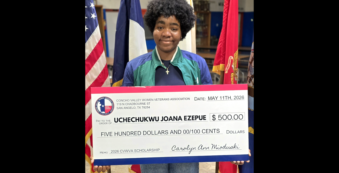 The Concho Valley Women Veterans Association awarded its second JROTC Carolyn Ann Mioduski Scholarship to Central High School’s Uchechuckwu Joana Ezepue.
