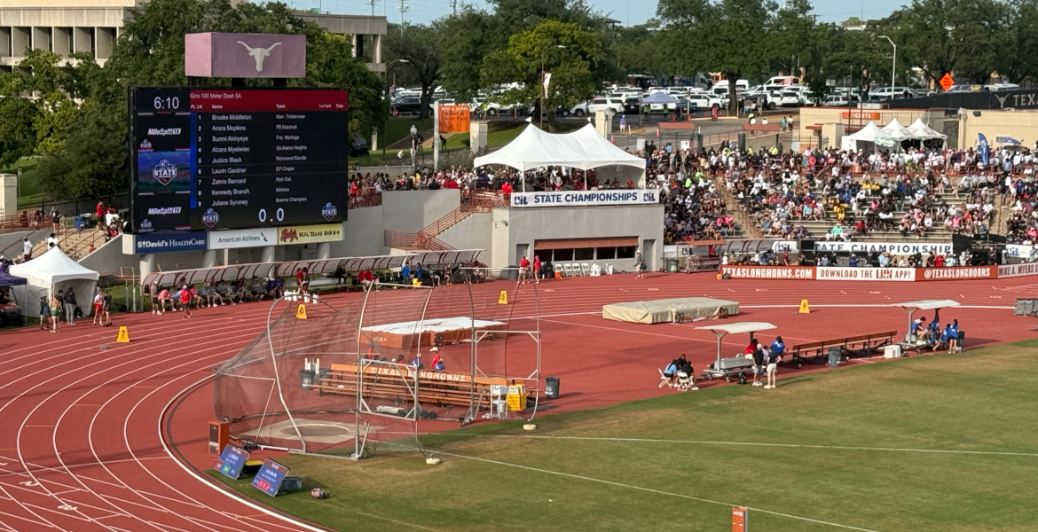 A view of the track at Mike A. Myers Stadium during the 2026 UIL Track and Field State Meet in Austin.