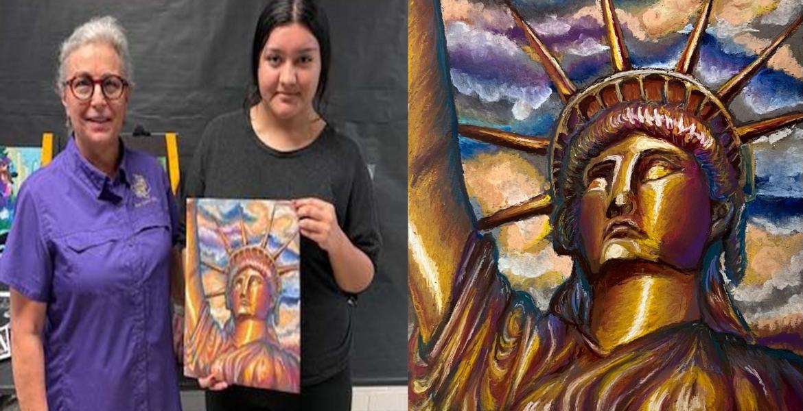 Pictured: Judy Aguado Mendoza and her winning piece with San Saba High School art teacher Shara Wright