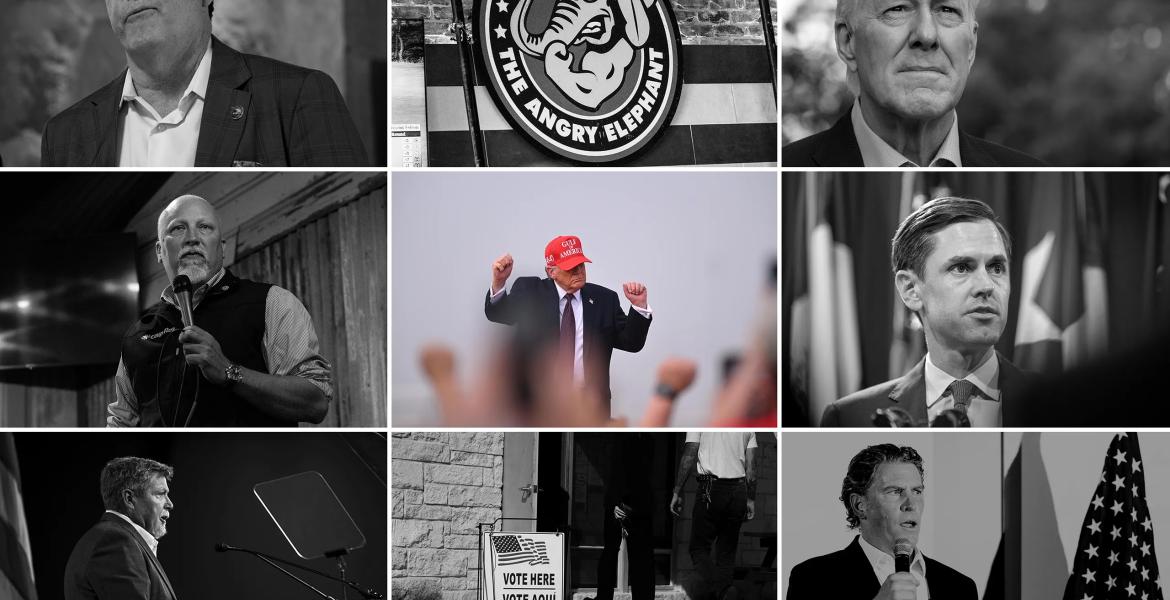 Three runoff elections in Texas are of particular interest. Top left: Texas Attorney General Ken Paxton, who is challenging incumbent U.S. Sen. John Cornyn (top right). Middle left: U.S. Rep. Chip Roy, vying for state attorney general against state Sen. Mayes Middleton (middle right). Bottom left: incumbent Railroad Commissioner Jim Wright, who faces challenger Bo French (bottom right).