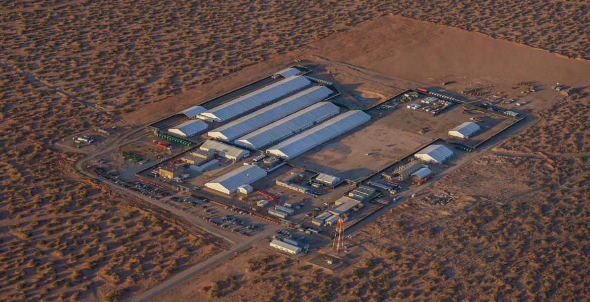 An aerial view of the Camp East Montana detention facility at Fort Bliss on Sept. 7, 2025.