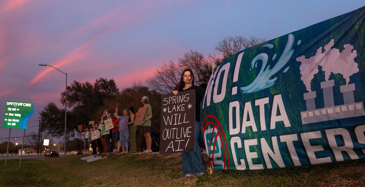San Marcos residents protest a proposed AI data center during a City Council meeting on Feb. 17, 2026.