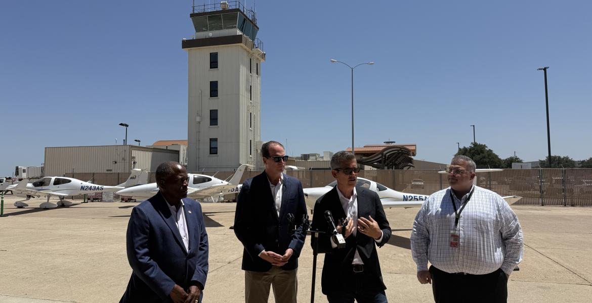 U.S. Transportation Secretary Sean Duffy visited San Angelo Regional Airport on Sunday to tour the air traffic control tower and discuss federal modernization efforts with Rep. August Pfluger and local leaders.
