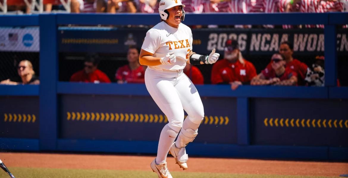 Texas' Katie Stewart celebrates after a home run over Nebraska in the 2026 College World Series.