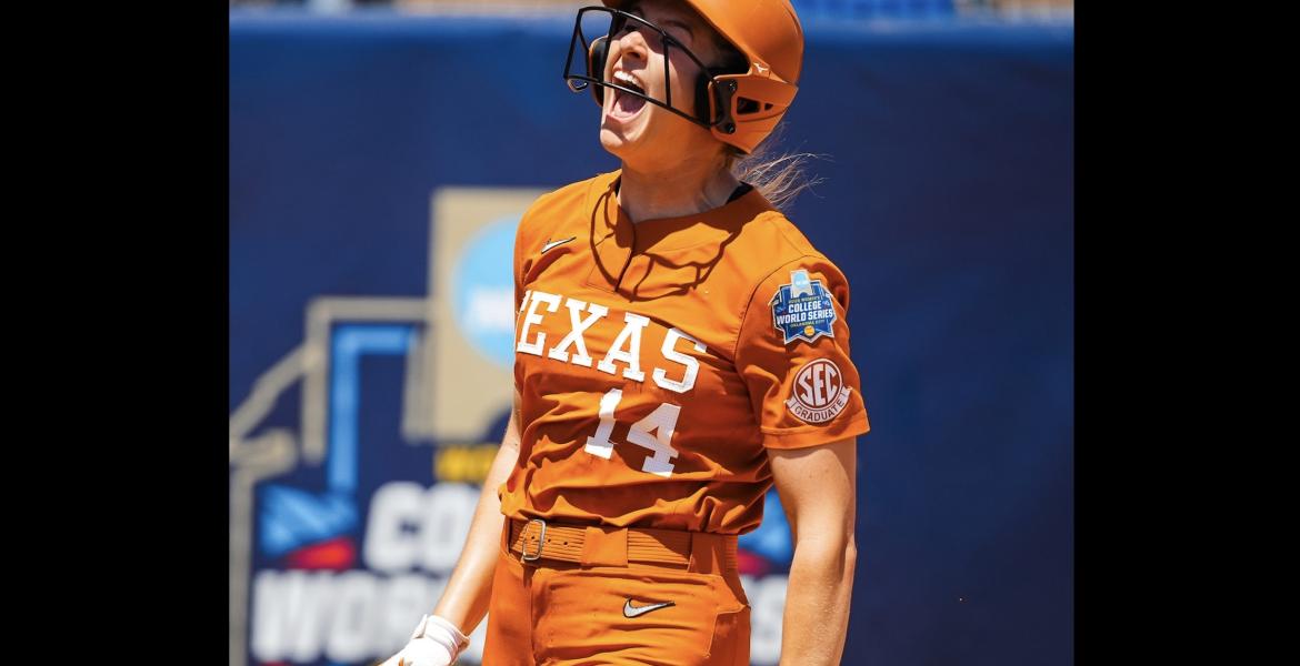 Texas' Reese Atwood celebrates during the 2026 College Softball World Series.
