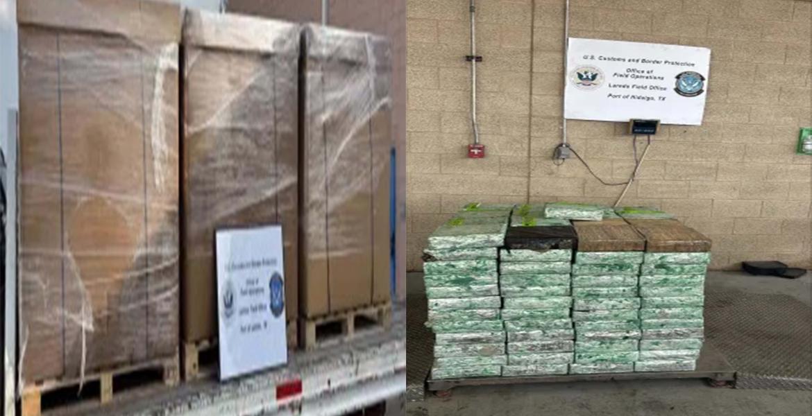 (L) Boxes containing 7,047.73 pounds of methamphetamine seized by CBP officers at Laredo Port of Entry. (R)  Packages containing 1,042.78 pounds of methamphetamine seized by CBP officers at Pharr International Bridge.