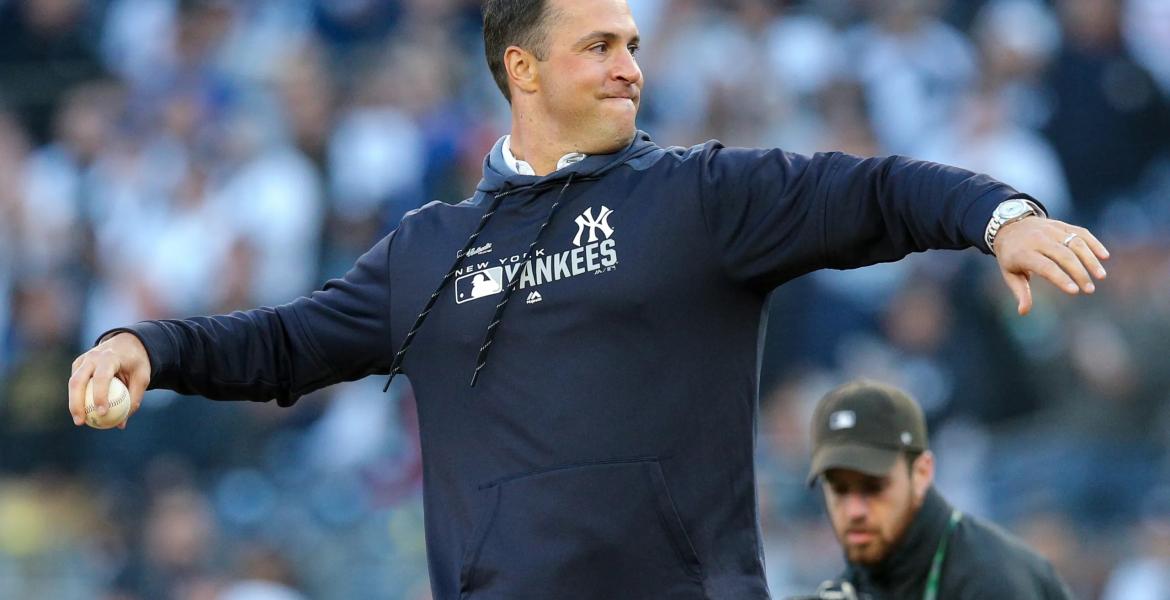 Former New York Yankees first baseman Mark Teixeira throws out the first pitch prior to Game Two of the ALDS between the Yankees and Minnesota Twins at Yankee Stadium on Oct 5, 2019, in the Bronx, New York.