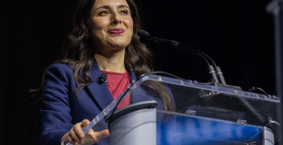 Democratic candidate for Texas Governor Gina Hinojosa speaks at the Texas Democratic Convention in Corpus Christi on June 26, 2026.