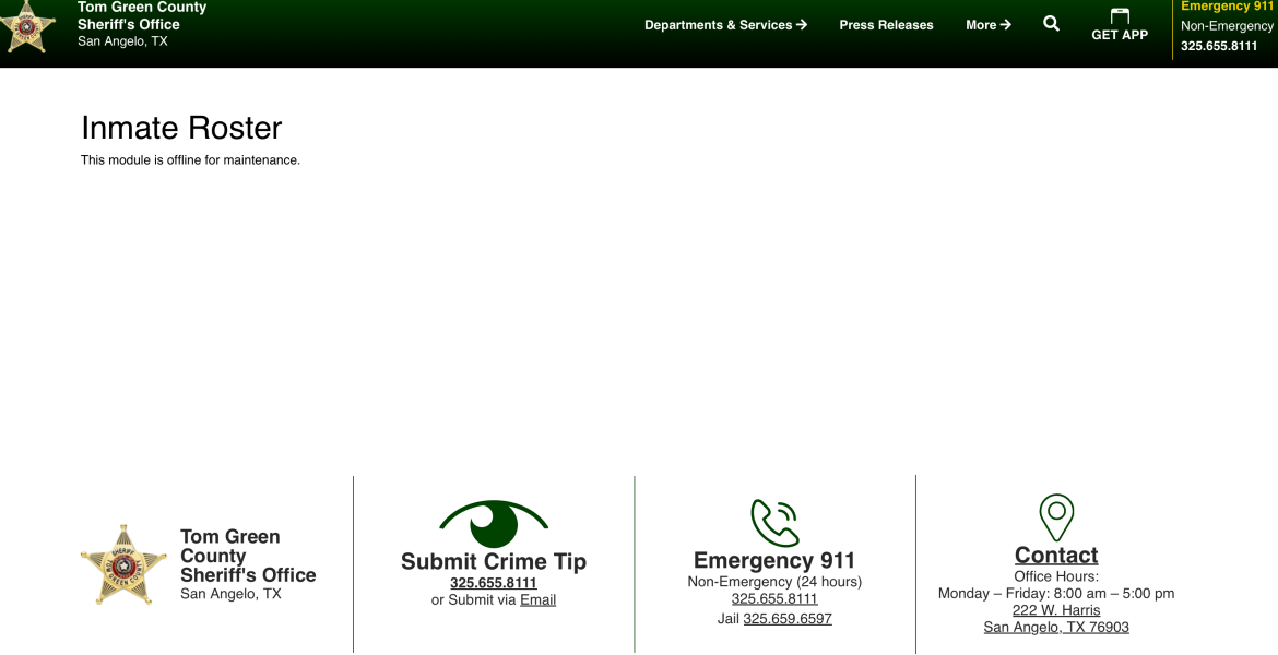 Inmate Roster and Warrants Temporarily Offline for Maintenance