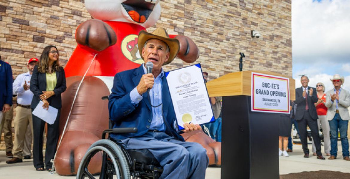 Governor Greg Abbott spoke Wednesday at the ribbon-cutting ceremony for Texas' newest Buc-ee's store in San Marcos.