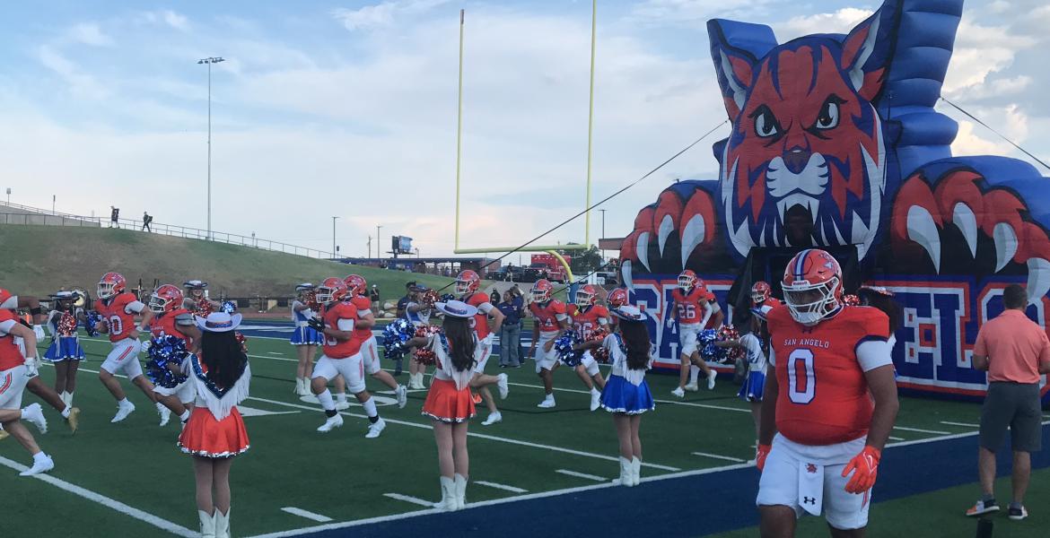 Riley Oines (0) and the Central Bobcats make their way onto the field at San Angelo Stadium before the season opener against Abilene High on Friday, Aug. 28, 2026.
