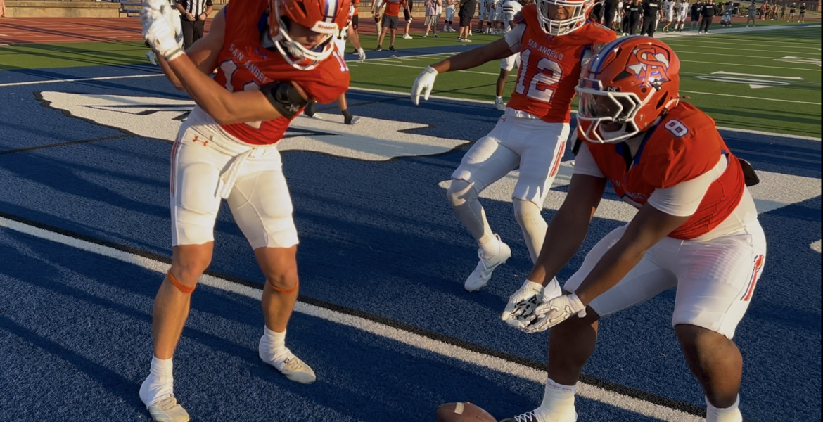 Central's Tucker Beaty does a golf celebration after scoring a touchdown against Abilene High on Friday, Aug. 28, 2026, at San Angelo Stadium.