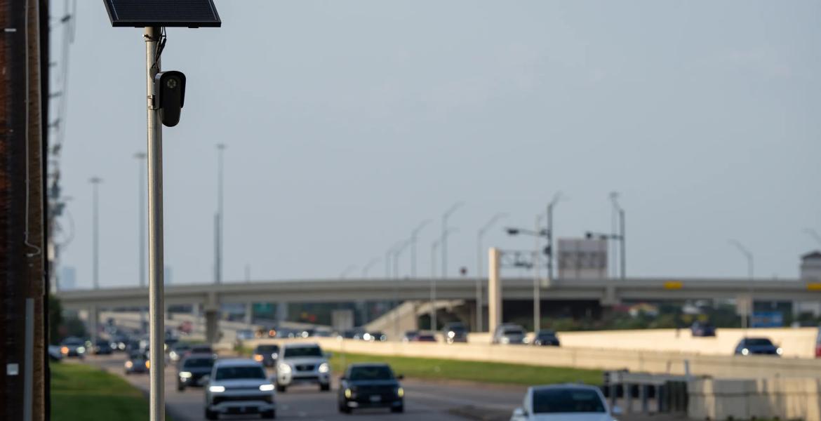A Flock camera records drivers on the Texas 288 feeder road in Pearland on Aug. 23, 2026.