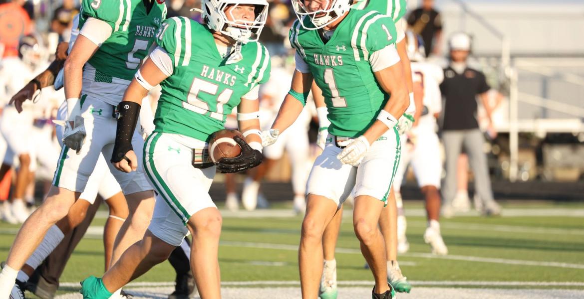 Wall's Krue Thompson celebrates with Christian Camp (1) and Blaize Benson (5) against Ozona on Friday, Sept. 18, 2026.
