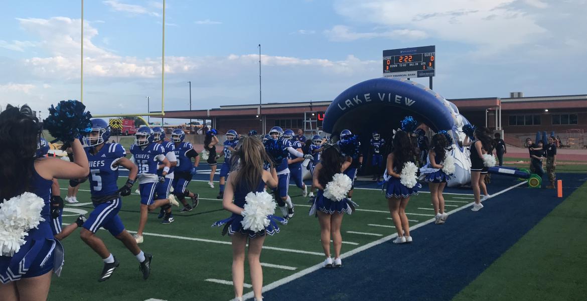 The Lake View Chiefs run out of the tunnel before their game against Snyder on Friday, Sept. 4, 2026.