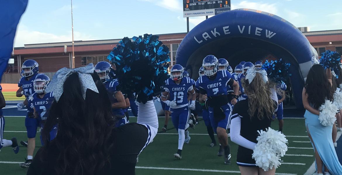 The Lake View Chiefs run onto the field before their game against Pecos on Friday, Sept. 18, 2026.