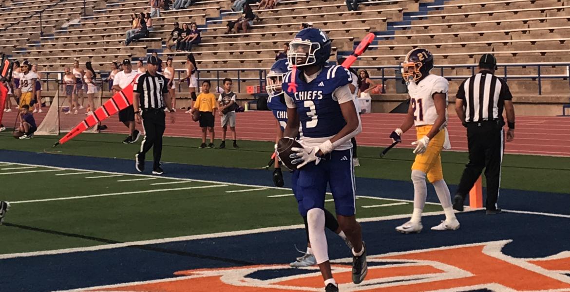 Lake View's Andrew Young celebrates after a touchdown catch against Pecos on Friday, Sept. 18, 2026.