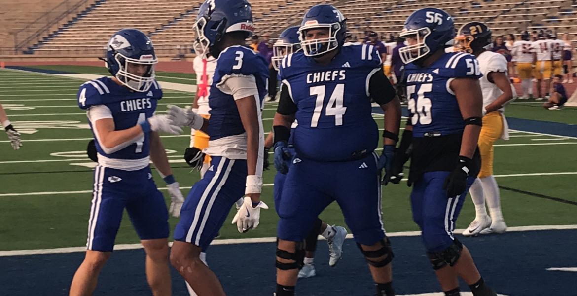 Lake View's Andrew Young celebrates a touchdown catch with Calvin Whitfield (4), Alex Jimenez (74) and Matthew Garza (56) against Pecos on Friday, Sept. 18, 2026.