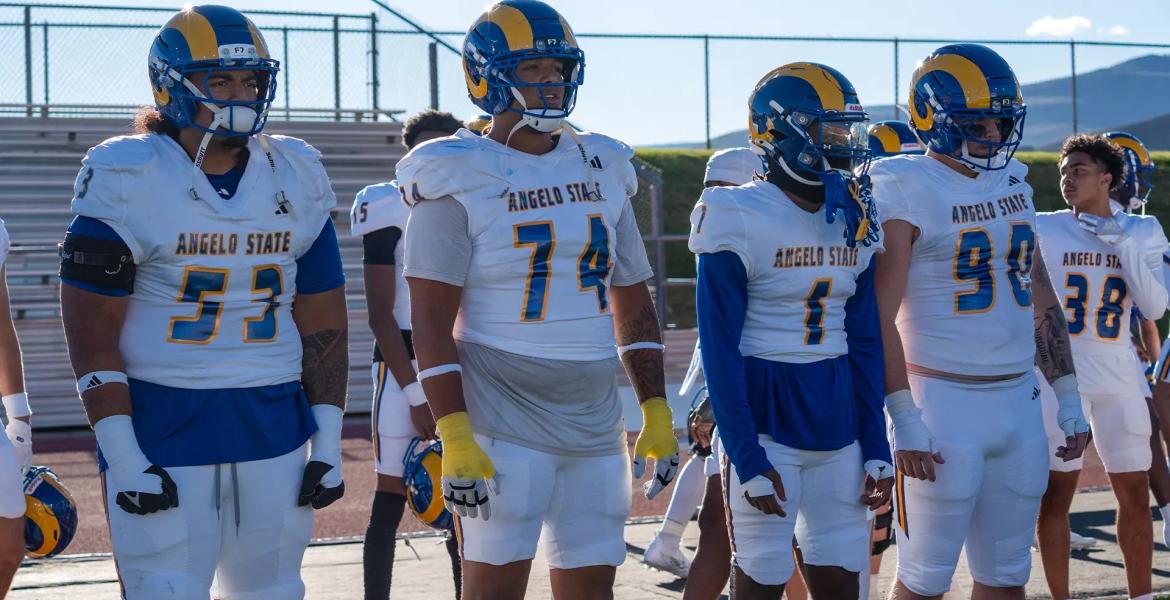 Angelo State players (from left) Viliami Salakielu, Isaiah Mworia, Demetrias Charles and Zach Burton prepare for the Rams' game against Western Colorado on Thursday, Sept. 3, 2026.