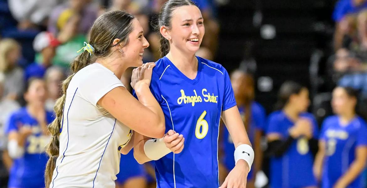 Angelo State volleyball players (from left) Allie Duitsman and Madi Parrish are shown during the 2026 season.