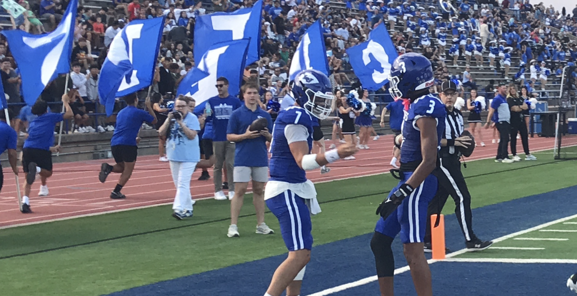 Lake View quarterback Chris Alvizo (7) and Andrew Young (3) celebrate a touchdown against Snyder on Friday, Sept. 4, 2026.