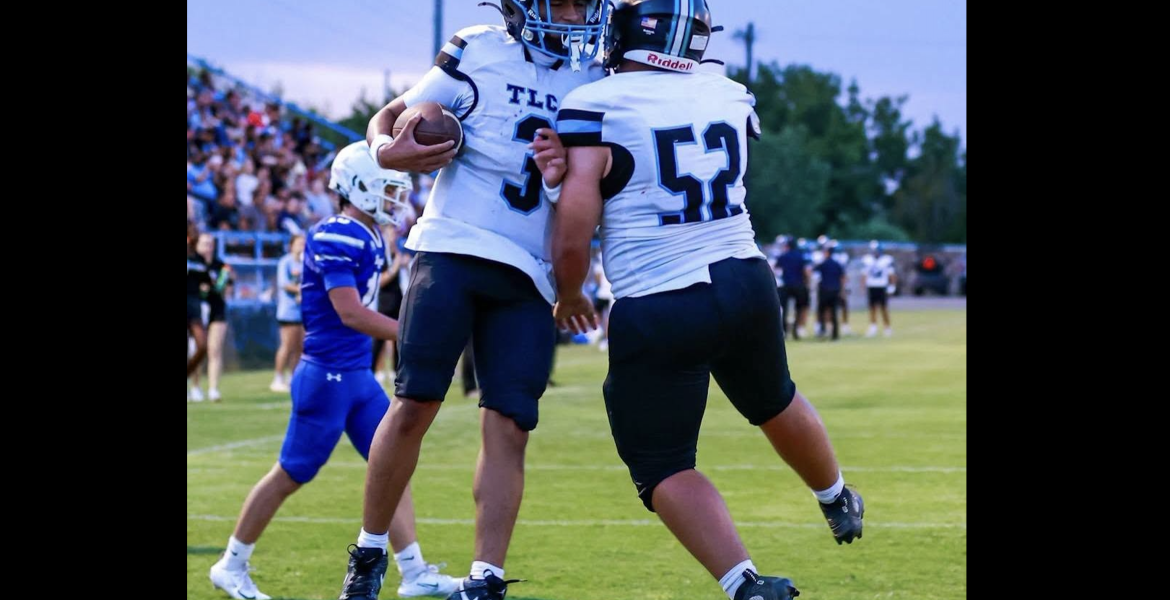 TLCA San Angelo's Collin Soto (52) and Jonah Munoz (3) celebrate during a win over Winters on Sept. 10, 2026.