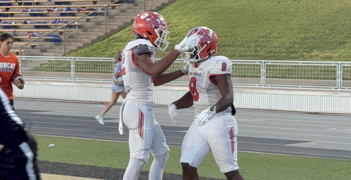 Central Bobcats' Ellis Johnson and Zey Johnson after a Zey touchdown against El Paso Montwood 2026