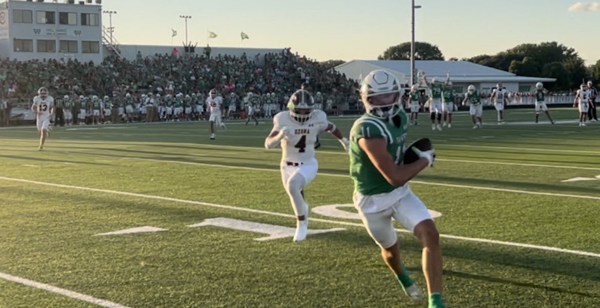 Wall's Evan Boehle scored on a touchdown pass from Gunner King in the Hawks' win over Ozona on Friday, Sept. 18, 2026.