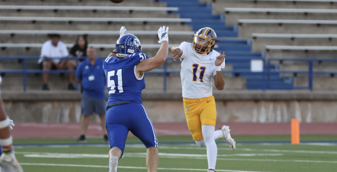 Lake View's Conner Williams pressures Pecos quarterback Avery Garcia on Friday, Sept. 18, 2026.